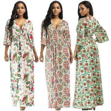 Bohemia style digital floral print sexy long dress large size half sleeve v neck dress